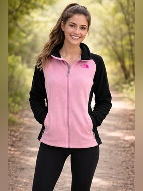 The North Face Pink and Black Breast Cancer Pink Ribbon Zip Fleece Jacket - Sz L